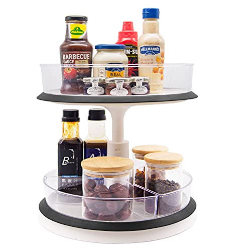 2 Tier Lazy Susan Organizer Cabinet Turntable Organizer Spinning Spice Rack Adjustable Height with Divided Storage Bins for Pantry Kitchen Countertop Shelf