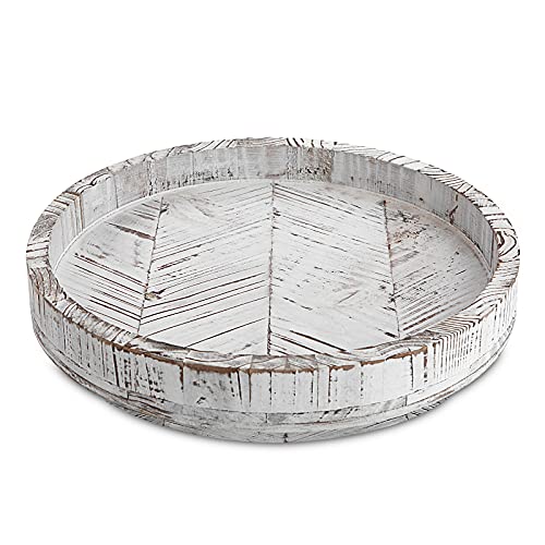 Rustic White Round Wood Lazy Susan Distressed Turntable Tray Cabinet Organizer and Kitchen Dining Table Centerpiece 12 Inch