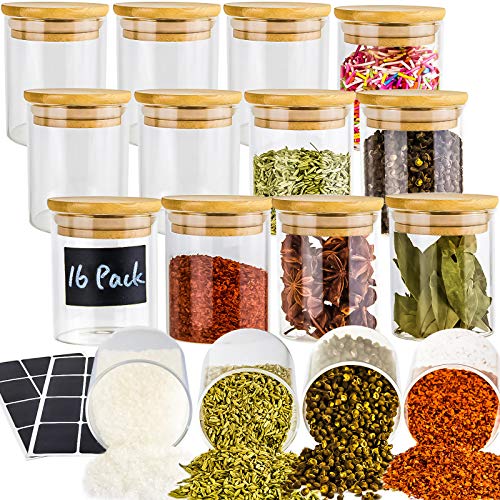 16 Pack Glass Jars with Lids Airtight Bamboo Lids Spice Jars Set For Spice Coffee Beans Candy Nuts Herbs Dry Food Canisters (Extra Chalkboard Labels)  65 oz Clear