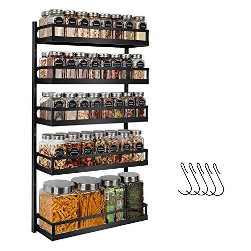 Xcosrack Wall Mount Spice Rack Organizer 5 Tier HeightAdjustable Hanging Spice Shelf Storage for Kitchen Pantry Cabinet Door DualUse Seasoning Holder Rack with Hooks BlackPatented