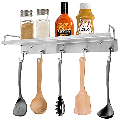 YUMORE Spice Rack Wall Mount Stainless Steel Spice Rack Shelf Organizer with 5 Hanging Utensil Hooks Seasoning Rack with Guard Bar for Kitchen Pantry Brushed Nickel
