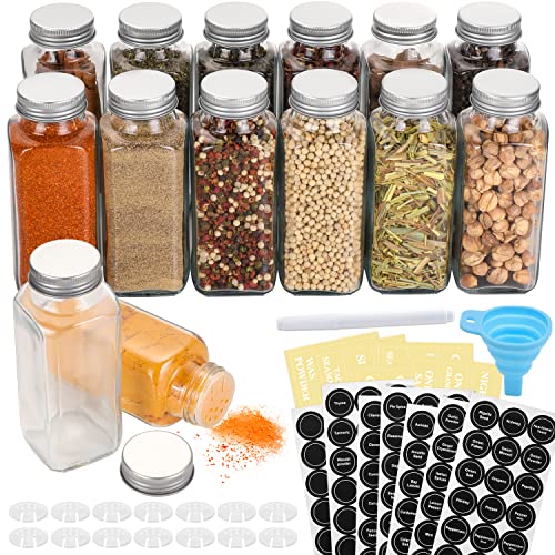 Aozita 14 Pcs Glass Spice Jars with Spice Labels  8oz Empty Square Spice Bottles  Shaker Lids and Airtight Metal Caps  Chalk Marker and Silicone Collapsible Funnel Included