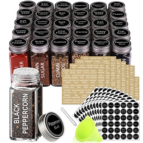 SWOMMOLY 30 Glass Spice Jars 4ozSquare Spice Bottles with 703 Spice Labels Empty Spice Containers with Poursift Shaker Lid Airtight Cap Chalk Marker and Funnel Complete Set
