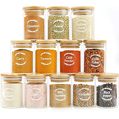 Glass Jar with Bamboo Lids Urban Green Spice Jar Set with Labels Glass Spice Jar bottles Glass Canisters with Airtight Lids Small Food Storage Containers for herbs spices and dry food Kitchen  Pantry Organization (12 Sets of 6oz)