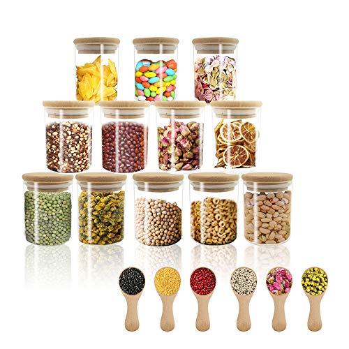 18 pcs Glass jars Set 12set  6oz Spice Jar Set with Bamboo Lids 6 pcs Small Condiments wooden spoons  Small Airtight Glass Canister Food Cereal Storage Containers for Home Kitchen(Set of 18 6oz)