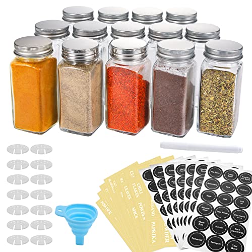 AOZITA 14 Pcs Glass Spice Jars with Spice Labels  4oz Empty Square Spice Bottles  Shaker Lids and Airtight Metal Caps  Chalk Marker and Silicone Collapsible Funnel Included