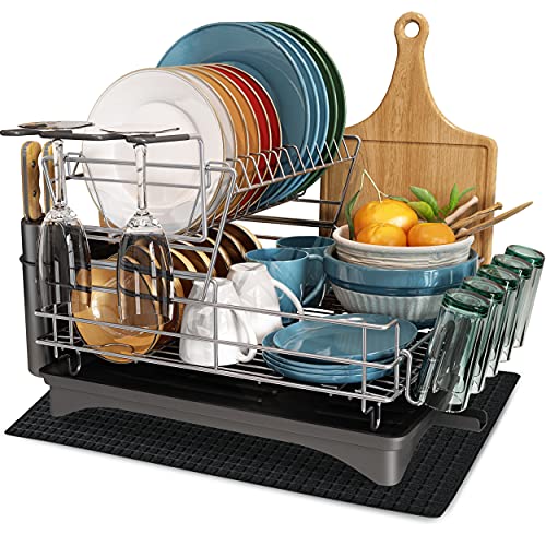 Dish Drying Rack and Drainboard Set MICOCAH 2 Tier Large Dish Rack with Swivel Spout Stainless Steel Dish Drainers for Kitchen Counter with Utensil Holder Cutting Board Holder Cup Rack and Dry Mat