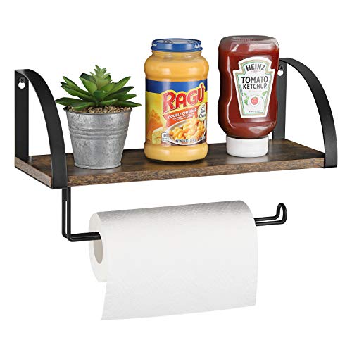 Paper Towel Holder Wall Mounted Tissue Roll Hanger Paper Rack Wooden Paper Towel Roll Holder Dispenser Rack with Display Shelf Storage Shelf with Paper Towel Roll Holder for KitchenBathroomWashroom