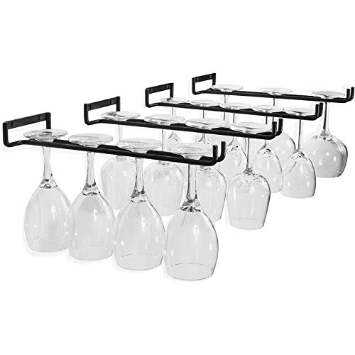 Wine Glass Rack 118 Inch Black Wall Mounted Under Cabinet Wine Glass Holder Iron Wire Glasses Storage Hanger Organizer Hanging Stemware with 8 Screws  8 Tubes for Cabinet Kitchen Bar (4 Pack)