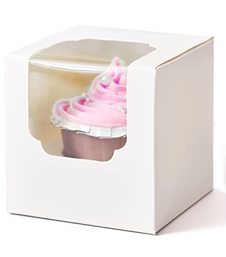 SHALLIVE 60 Pcs Cupcake Boxes Individual White with Insert and Window Auto Popup Single Cupcake Containers Paper for Treats and Cupcake Holder Cookie Boxes Easter Bakery Packaging