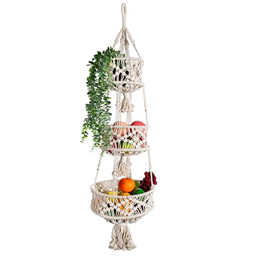 Taomika 3 Tier Hanging Fruit Basket for Kitchen Macrame Hanging Basket with S Hook for Fruit and Vegetable Storage Boho Wall Baskets for Organizing Boho Decor for Indoor Plants