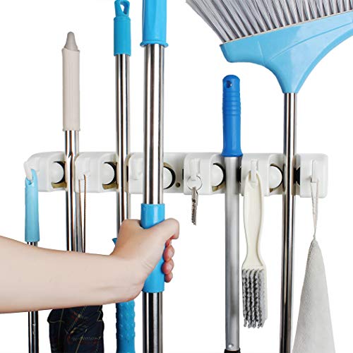 QTJH broom and mop holder wall mounted Storage cleaning Tools Commercial Mop Rack closet organizer tool hanger for Kitchen Garden laundry room and GarageHandles Up to 141Inches（white)