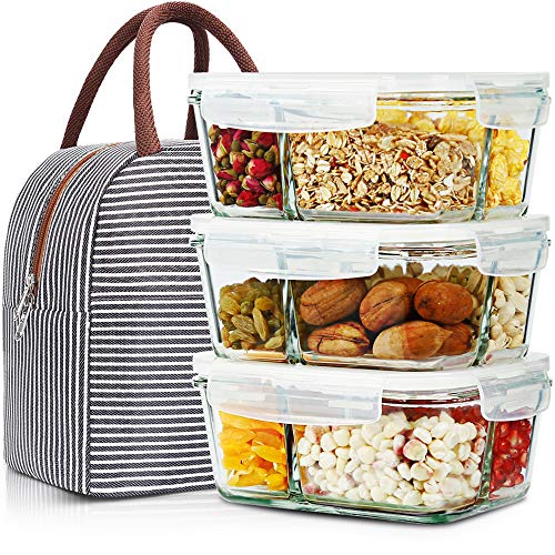 3 Pack 338oz Meal Prep Glass Containers 3 Compartments with Lids Glass Food Storage Containers Glass Bento Boxes Lunch Containers Glass Food Prep Containers with Lids For Oven