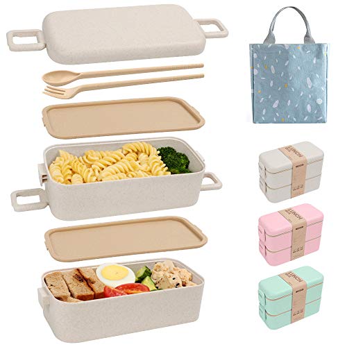SAYOPIN Bento Box for Kids  Adults 2In1 Compartment Wheat Straw With Spoon  Fork  Durable and MicrowaveSafe Japanese Bento Lunch Box (Beige)