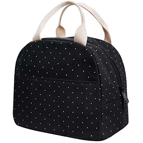EurCross Upgraded Compact Black Lunch Bag for Girls WomenCanvas Reusable Polka Dot Lunch Tote Box Bag for Work School