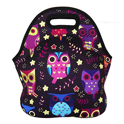 Violet Mist Neoprene Owl Lunch Bag Animal Insulated Waterproof Lunch Tote Bag Cartoon Reusable Lunch Box Containers Organizer Food Carrying Bento Lunch Handbag for Women men Work Gifts