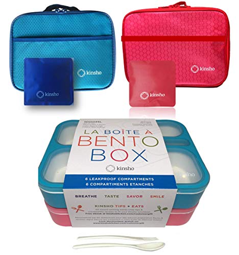 Kid Bento Lunch Box with Bag Ice Packs  2 Boxes  Bags  Cold Pack for Kids Adults  Value Container Set for School Lunches 6 Compartments Leakproof BPA Free Two Blue  Pink