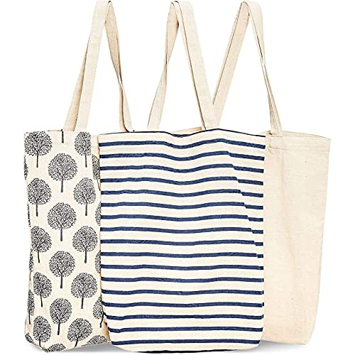 Reusable Tote Bags Cotton Canvas Cloth for Grocery Shopping (3 Designs 15x165 inches)