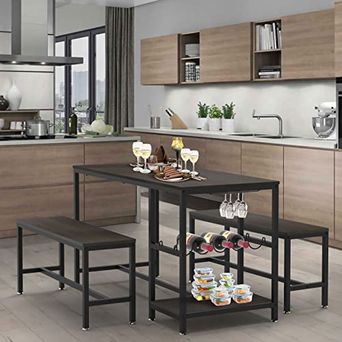 3Piece Dining Table Set for 4 Wood Kitchen Table and Bench for 4 Rustic Kitchen Dining Room Table Set with Wine Rack Glass Holder Storage Shelves Dark Brown