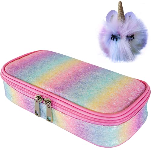 Pencil Case for Girls  Unicorn Pencil Holder for Kids  Cute Pencil Pouch Large Pencil Box  Pencil Bag with Compartments BPA Free (Glitter Rainbow)