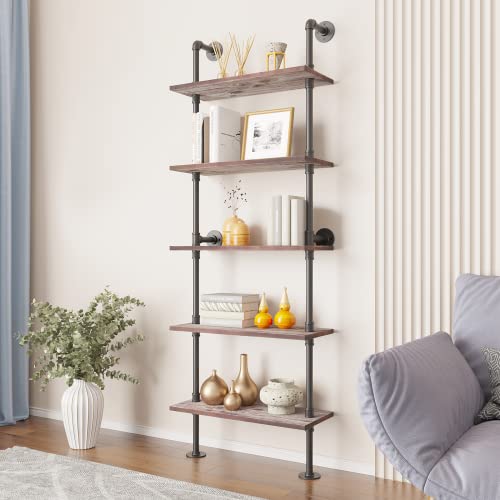 Yuanshikj 5 Tier Industrial Pipe Solid Wood Ladder ShelfShevlesShelving BookshelfBookcase Retro Metal Iron Pipes Wood Planks Rustic Display Wall Mounted for Collection Living Room Decor Storage