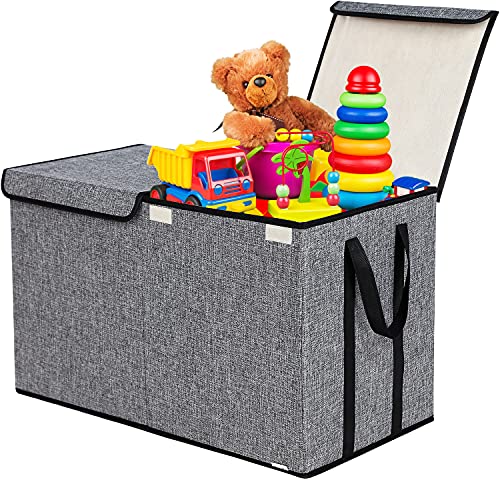 Large Kids Toy Box Chest Storage Organizer with Double FlipTop Lid  Collapsible Sturdy Toy Organizers and Storage Bins with Big Handles for Nursery Playroom 268x138x16(Grey)