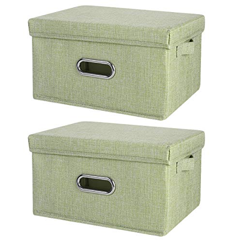 ANMINY 2 PCS Storage Boxes with Handles Removable Lids PP Plastic Board Foldable Lidded Cotton Linen Home Storage Cubes Bins Baskets Closet Clothes Toys Organizer Containers  Green Medium Size