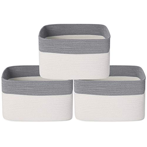 ANMINY 3PCS Woven Cotton Rope Storage Baskets with Handles Large Washable Basket Set Decorative Storage Bins Boxes Nursery Baby Kid Toy Blanket Clothes Towel Laundry Organizer Containers  WhiteGray