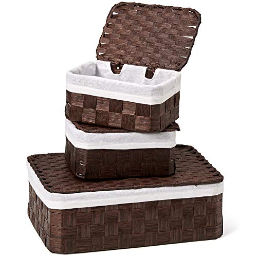 EZOWare Set of 3 Paper Rope Lidded Stackable Storage Baskets Woven Braided Wicker Multipurpose Storage Bin Boxes with Removable Liner for Nursery Baby Room Diaper Toy Organizer  2 Sizes Dark Brown