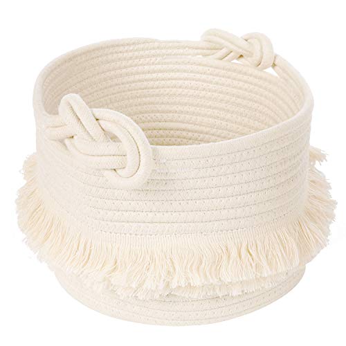 CherryNow Small Woven Storage Baskets Cotton Rope Decorative Hamper for Diaper Blankets Magazine and Keys Cute Tassel Nursery Decor  Home Storage Container  95 x 7