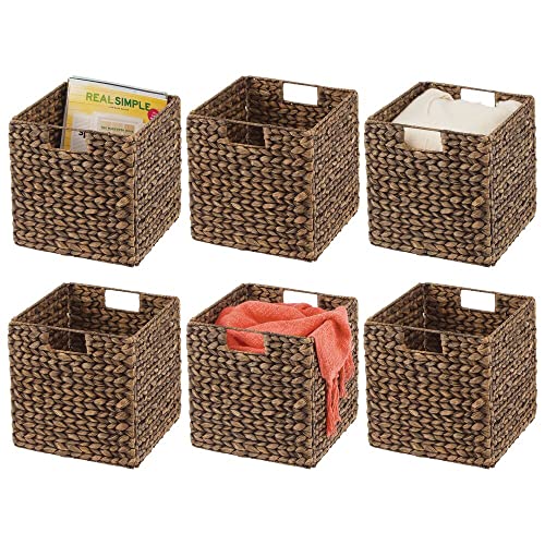 mDesign Natural Woven Hyacinth Closet Storage Organizer Basket Bin  Collapsible  for Cube Furniture Shelving in Closet Bedroom Bathroom Entryway Office  6 Pack  Brown Wash