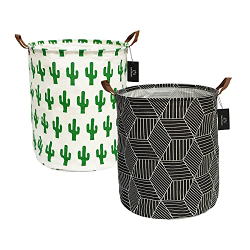 Collapsible Laundry Basket  GodenMoninG 628L Large Sized Round Waterproof Storage Bin with Leather HandlesHome DecorToy OrganizerChildren Nursery Hamper（2 PACKS，Black Geometric  Green Cactus）