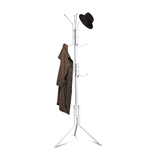 LASIEYO Coat Rack with 12 Hooks 56ft FreeStanding Coat Rack Stand Metal Coat tree Coat Hat Hanger Organizer RackPurse Home or Office Floor Hanger HandBag Clothes jacket (White )