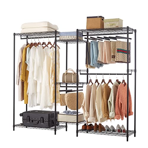 ZUNGKEA Heavy Duty Clothes Rack with Shelves  Wire Meshes Free Standing Garments Organizer for Hanging Clothing L 885×W 18×H 71 with 1 tubes Max load 1144 LBS，Matt Black
