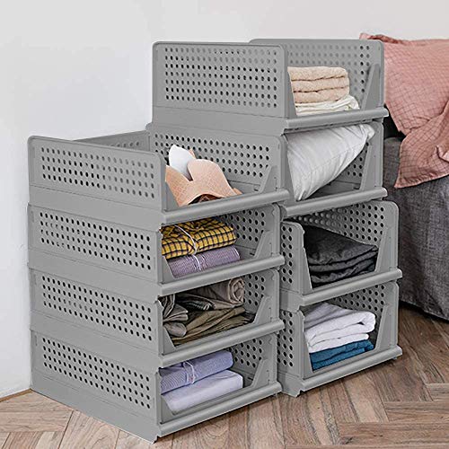 4Pack Folding Wardrobe Storage Box Plastic Drawer Organizer Stackable Shelf Baskets Clothes Closet Containers Bin Cubes Home Office Bedroom Laundry Fold Pull Out Drawer Dividers for ClothesToys