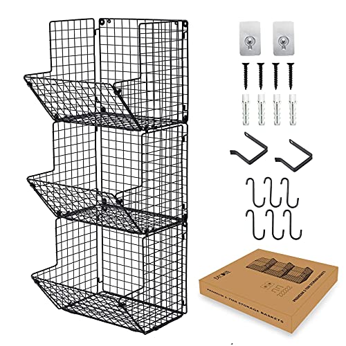 Decdeal Metal Wire Hanging Fruit Basket for Wall 3 Tiers Hanging Kitchen Basket with 5 Hooks Fruits Vegetables Basket Daily Necessities Storage Removable Foldable for Kitchen Bathroom Office etc
