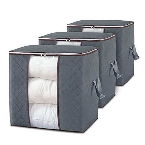 DOKEHOM 3Pieces 90L Large Clothes Storage Bag Organizer with Reinforced Handle for Comforters Blankets Bedding Collapsible Under Bed Storage (Grey)