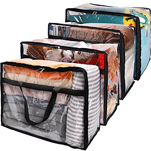SGHUO Clear Zippered Storage Bag 4pcs 60L Large Capacity Clothes Storage Organizers for Bedding Toys Blankets Transparent Totes with Sturdy Zippers Reinforced Handle Heavy Duty 4Pack