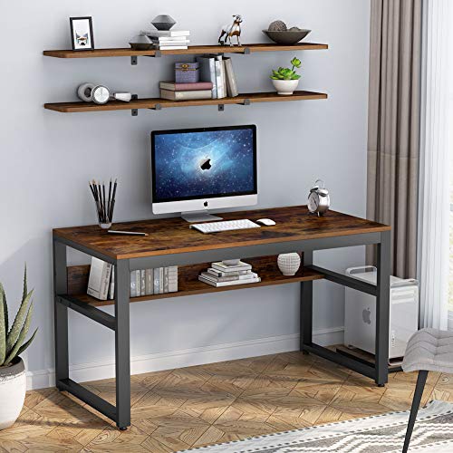 Tribesigns Industrial Computer Desk with 2 Floating Shelves 47inch Office Desk Computer Table Study Writing Desk with Bookshelf and Tower Shelf for Home Office Rustic Brown