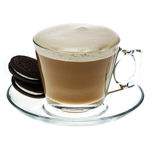 Tea Cups and Saucers Sets 6PCs Clear Glass Coffee Mugs and 6PCs Glass Saucers Ideal 65 Ounce Size for Cappuccino Specialty Coffee Drinks Latte Cafe Mocha and Tea