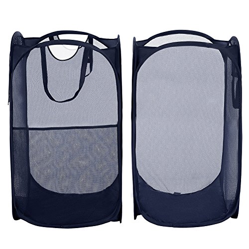 Yazer Pack of 2 Foldable Pop-Up Laundry Hamper with Side Pocket Durable Mesh Hamper Clothes Laundry Basket Storage Bag with Reinforced Carry Handles for Dirty Clothes