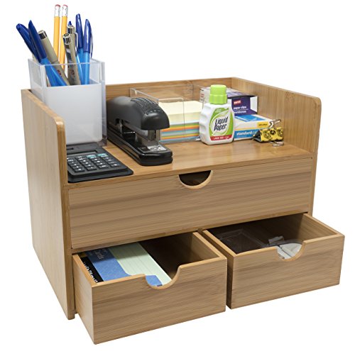 Sorbus 3-Tier Bamboo Shelf Organizer for Desk with Drawers - Mini Desk Storage for Office Supplies Toiletries Crafts etc - Great for Desk Vanity Tabletop in Home or Office