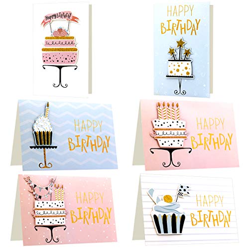 Birthday Cards Handmade Birthday Cards Threedimensional Gold Foil Decorative Cake Pattern Overlay On Beautifully Colored Cards Hot Stamping Cute Birthday Greetings (12 cards with envelopes)