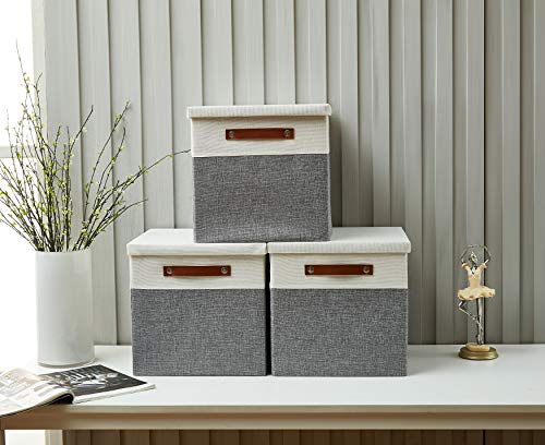 DECOMOMO Foldable Storage Bin 3-Pack Collapsible Sturdy Cationic Fabric Storage Basket Cube WHandles for Organizing Shelf Nursery Home Closet Grey and White with Lid Cube - 13 x 13 x 13