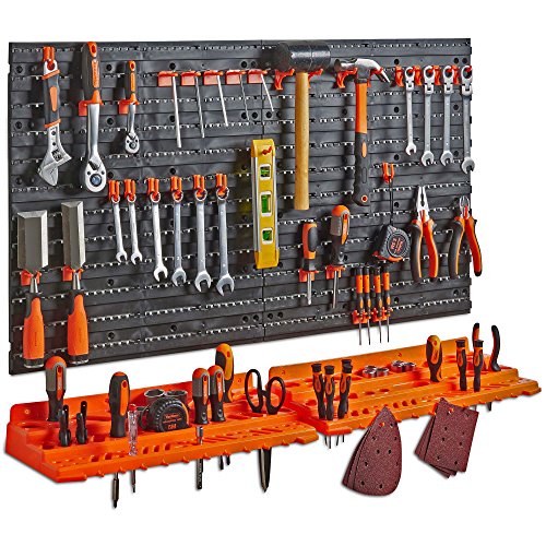 VonHaus 50 Piece Wall Mounted Plastic Pegboard and Shelf Tool Organizer - DIY Garage Storage Wall Mount System with Rack and 50 Assorted Hook Accessories - Tool Parts and Craft Organizer