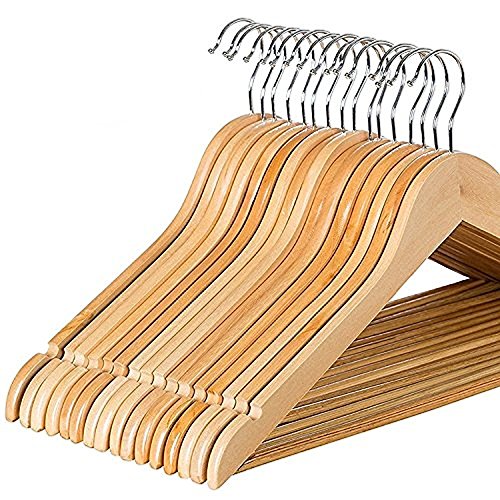 Zober Solid Wood Suit Hangers with Non Slip Bar and Precisely Cut Notches - 360 Degree Swivel Chrome Hook - Natural Finish Super Sturdy and Durable Wooden Hangers 30 Pack