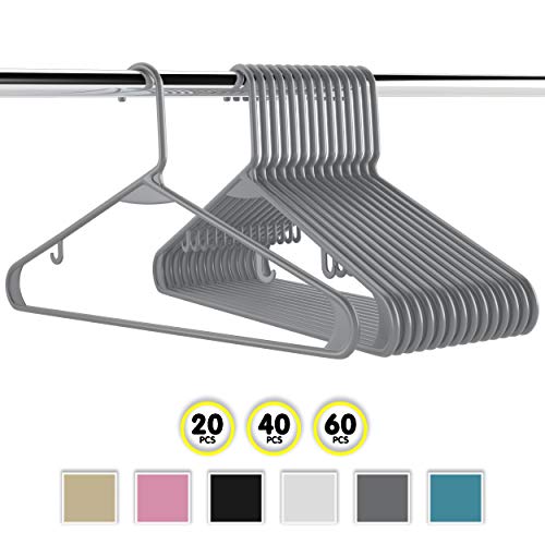 NEATERIZE Plastic Clothes Hangers Heavy Duty Durable Coat and Clothes Hangers  Vibrant Colors Adult Hangers  Lightweight Space Saving Laundry Hangers  20 40 60 Available 60 Pack - Grey